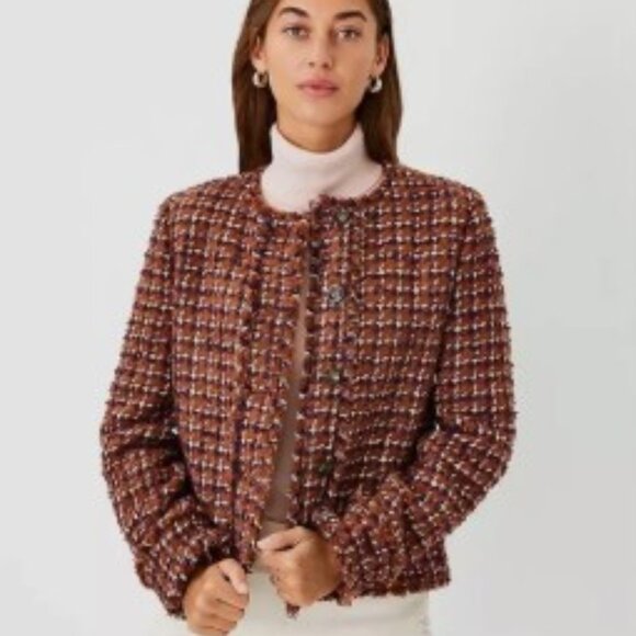 Ann Taylor Brown Cherrywood Fringe button-up Tweed Blazer/Jacket - Picture 1 of 9